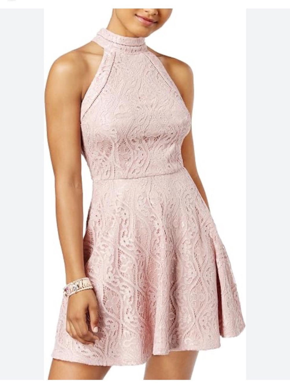 B Darlin Sleeveless Lace High-Neck Skater Dress - Light Pink